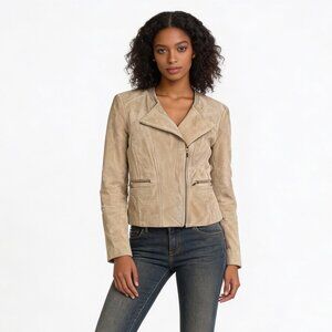 MANGO | Tan Genuine Suede Leather Moto Jacket Sz L